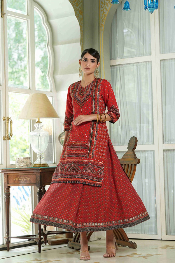 Juniper Red Chanderi Festive Printed Flared Kurta For Women - Distacart