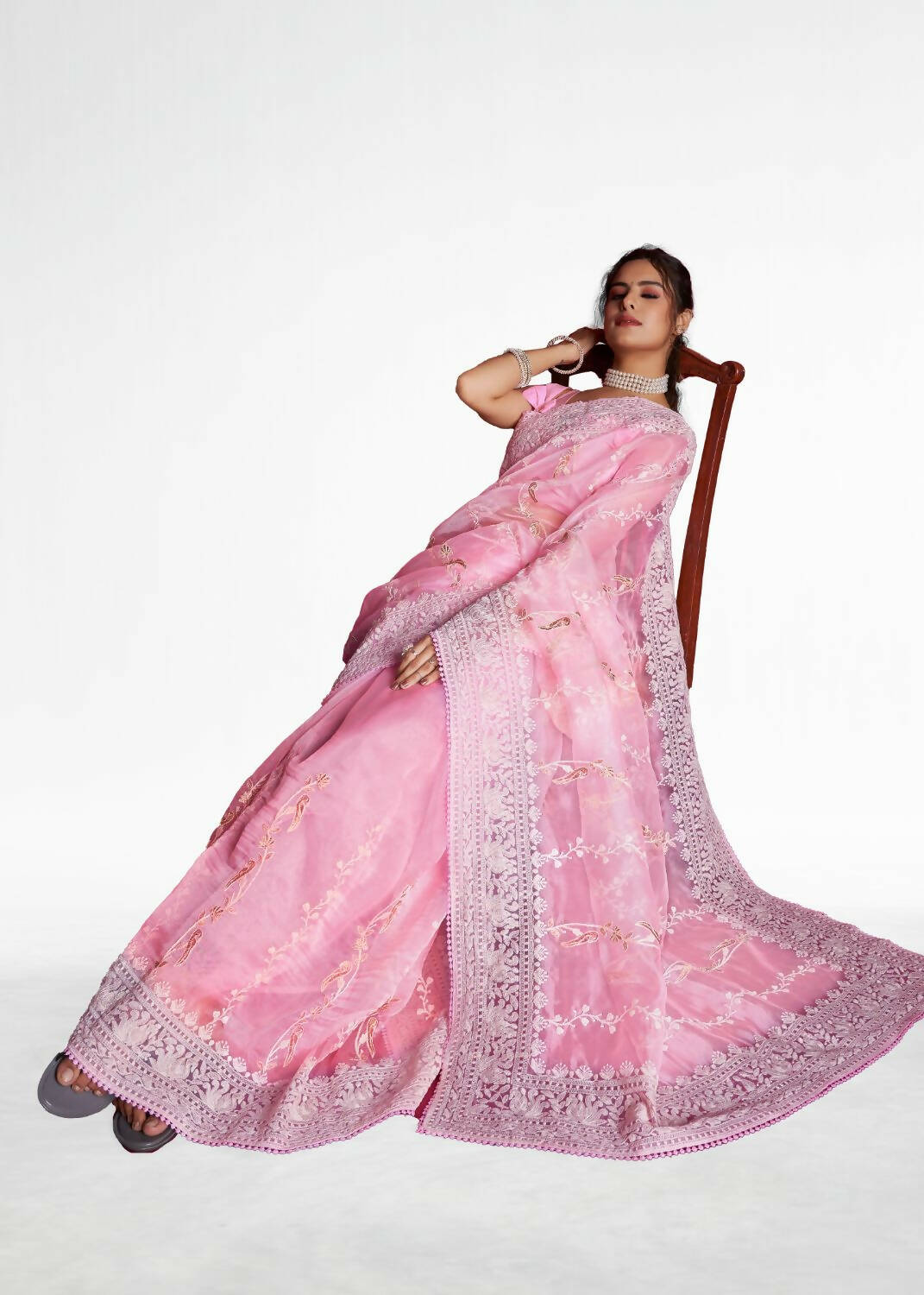 Vamsee Pink Organza Saree - Distacart