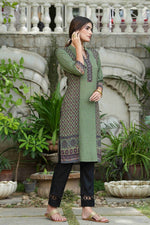 Thumbnail for Juniper Green Rayon Festive Gold Foil Printed Straight Kurta For Women - Distacart