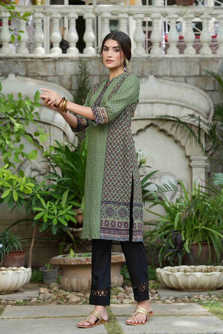 Juniper Green Rayon Festive Gold Foil Printed Straight Kurta For Women - Distacart