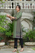 Thumbnail for Juniper Green Rayon Festive Gold Foil Printed Straight Kurta For Women - Distacart