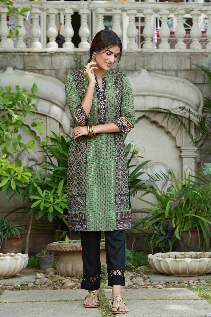 Juniper Green Rayon Festive Gold Foil Printed Straight Kurta For Women - Distacart