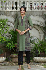 Thumbnail for Juniper Green Rayon Festive Gold Foil Printed Straight Kurta For Women - Distacart