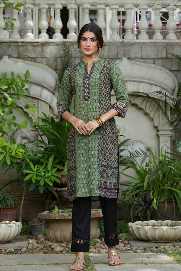 Juniper Green Rayon Festive Gold Foil Printed Straight Kurta For Women - Distacart