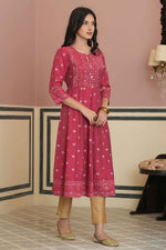 Thumbnail for Juniper Fuchsia Rayon Festive Handwork Sequence Anarkali Kurta For Women - Distacart