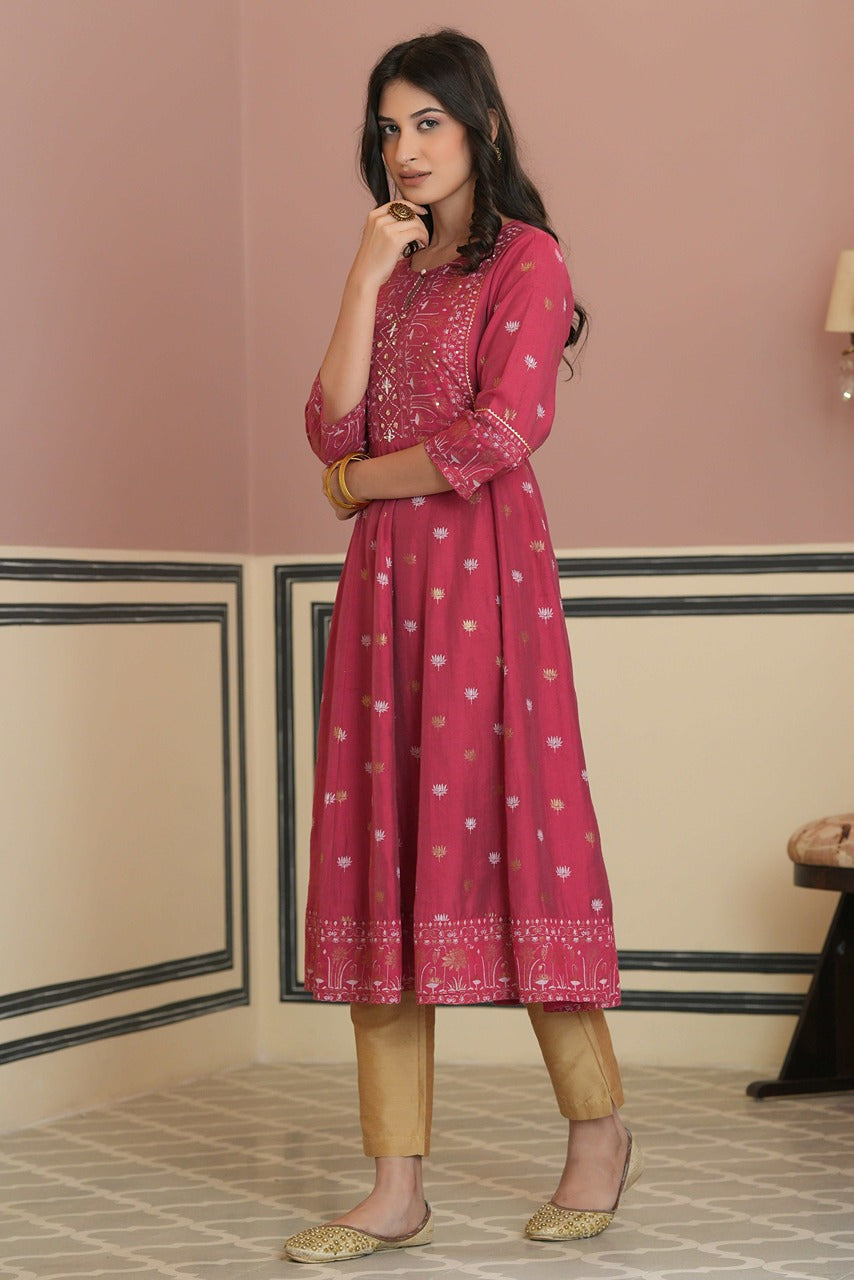 Juniper Fuchsia Rayon Festive Handwork Sequence Anarkali Kurta For Women - Distacart