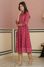 Thumbnail for Juniper Fuchsia Rayon Festive Handwork Sequence Anarkali Kurta For Women - Distacart