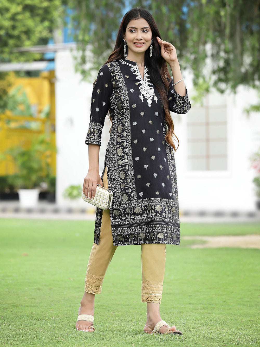 Juniper Women Black Rayon Festive Embroidered Straight Kurta - Distacart