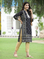 Thumbnail for Juniper Women Black Rayon Festive Embroidered Straight Kurta - Distacart