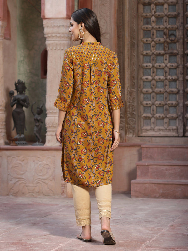 Juniper Women's Mustard Muslin Printed Straight Kurta - Distacart