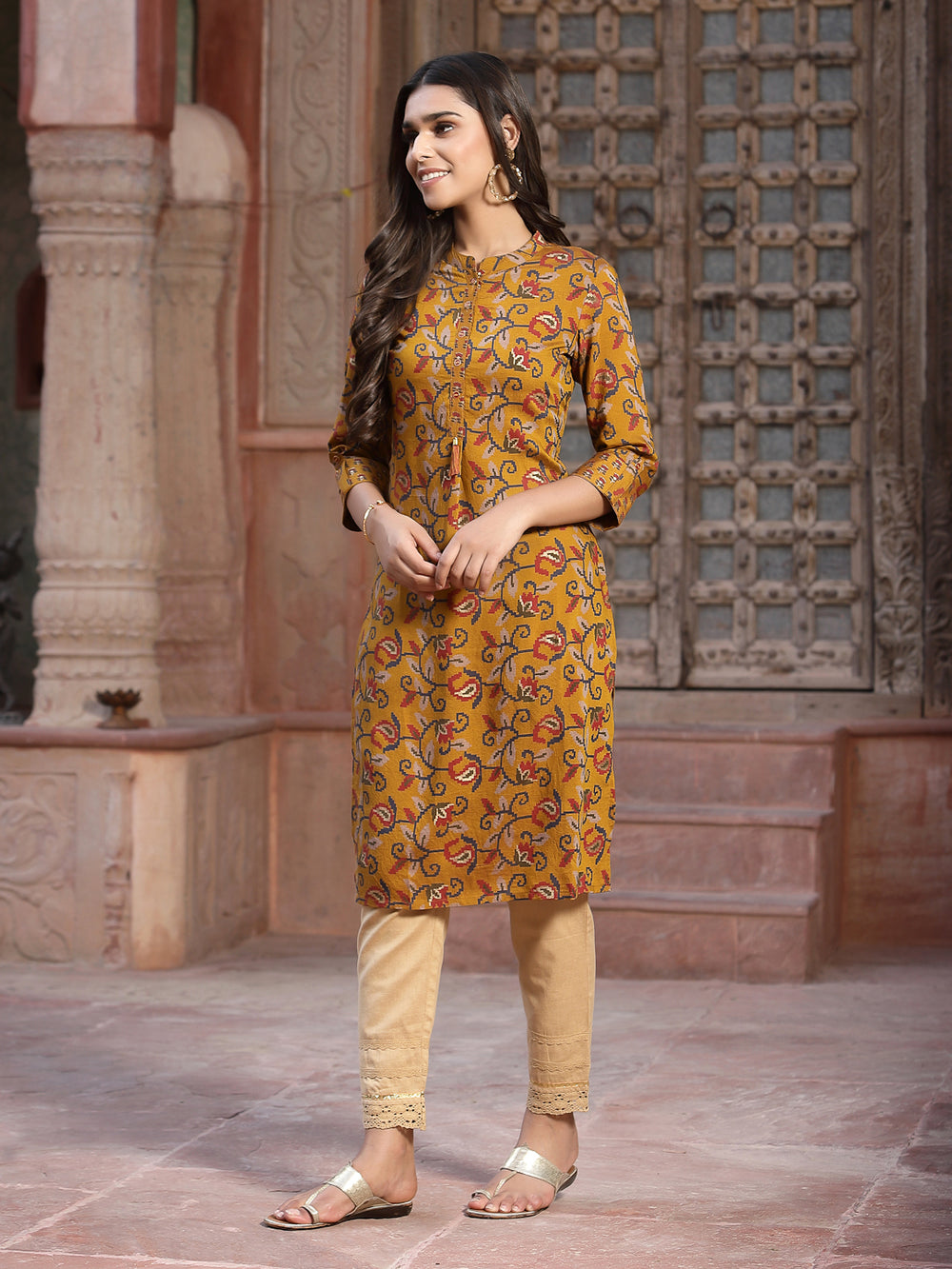 Juniper Women's Mustard Muslin Printed Straight Kurta - Distacart