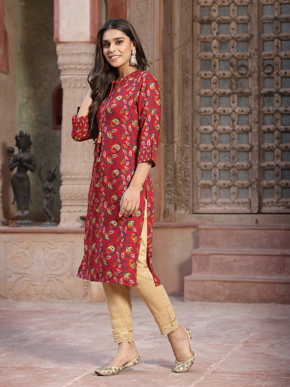 Juniper Women's Red Muslin Printed Straight Kurta - Distacart