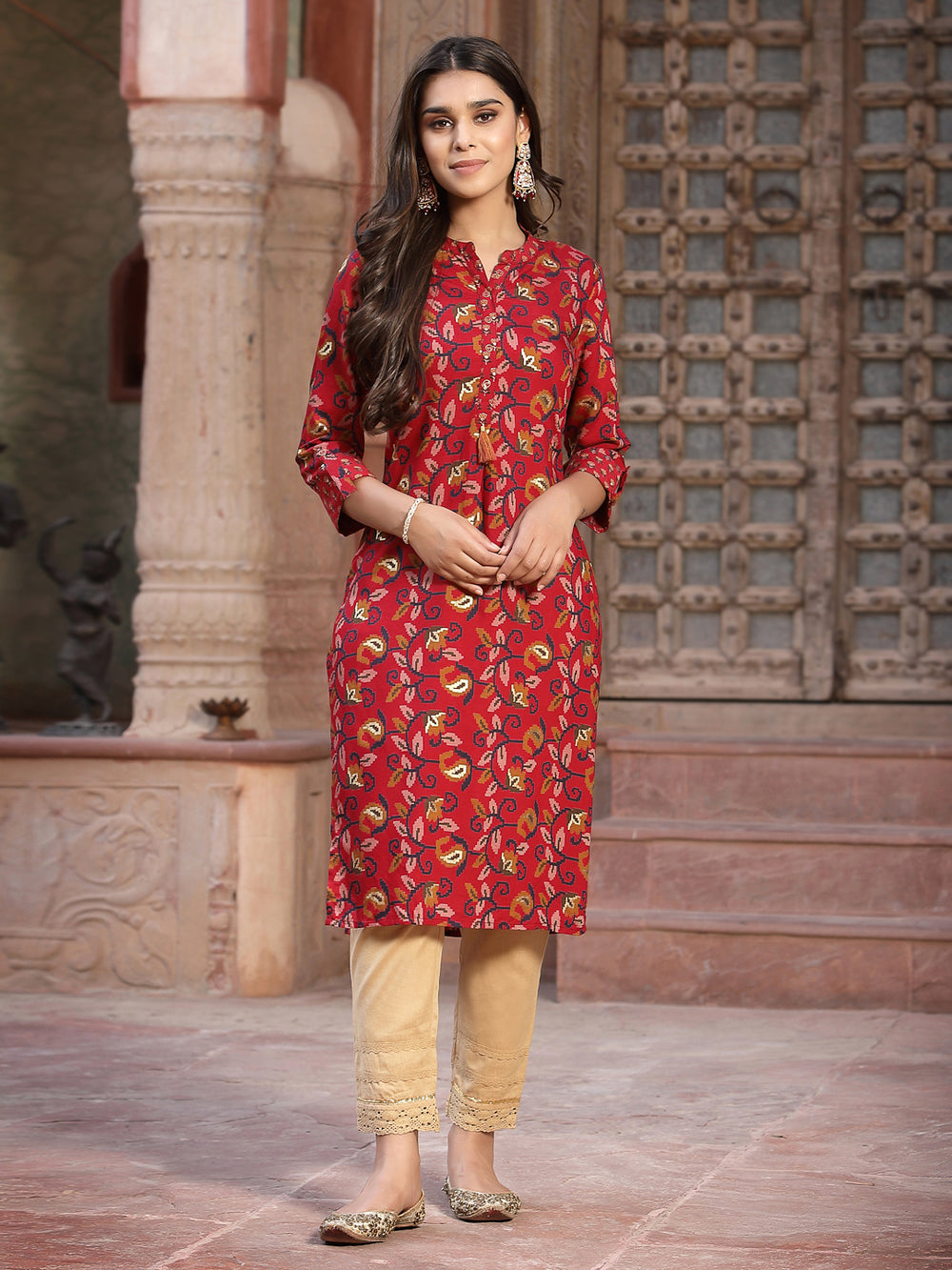 Juniper Women's Red Muslin Printed Straight Kurta - Distacart