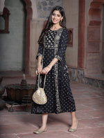 Thumbnail for Juniper Women's Black Rayon Printed Embroidered Flared Dress - Distacart