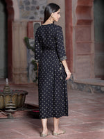 Thumbnail for Juniper Women's Black Rayon Printed Embroidered Flared Dress - Distacart