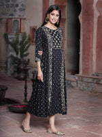 Thumbnail for Juniper Women's Black Rayon Printed Embroidered Flared Dress - Distacart
