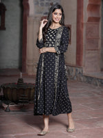 Thumbnail for Juniper Women's Black Rayon Printed Embroidered Flared Dress - Distacart