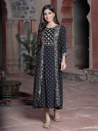 Juniper Women's Black Rayon Printed Embroidered Flared Dress - Distacart
