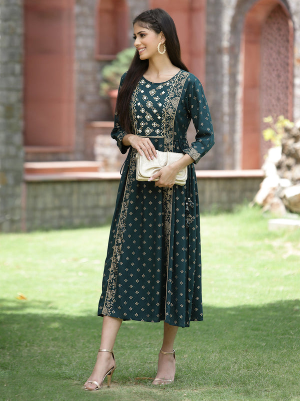 Juniper Women's Bottle Green Rayon Printed Embroidered Flared Dress - Distacart