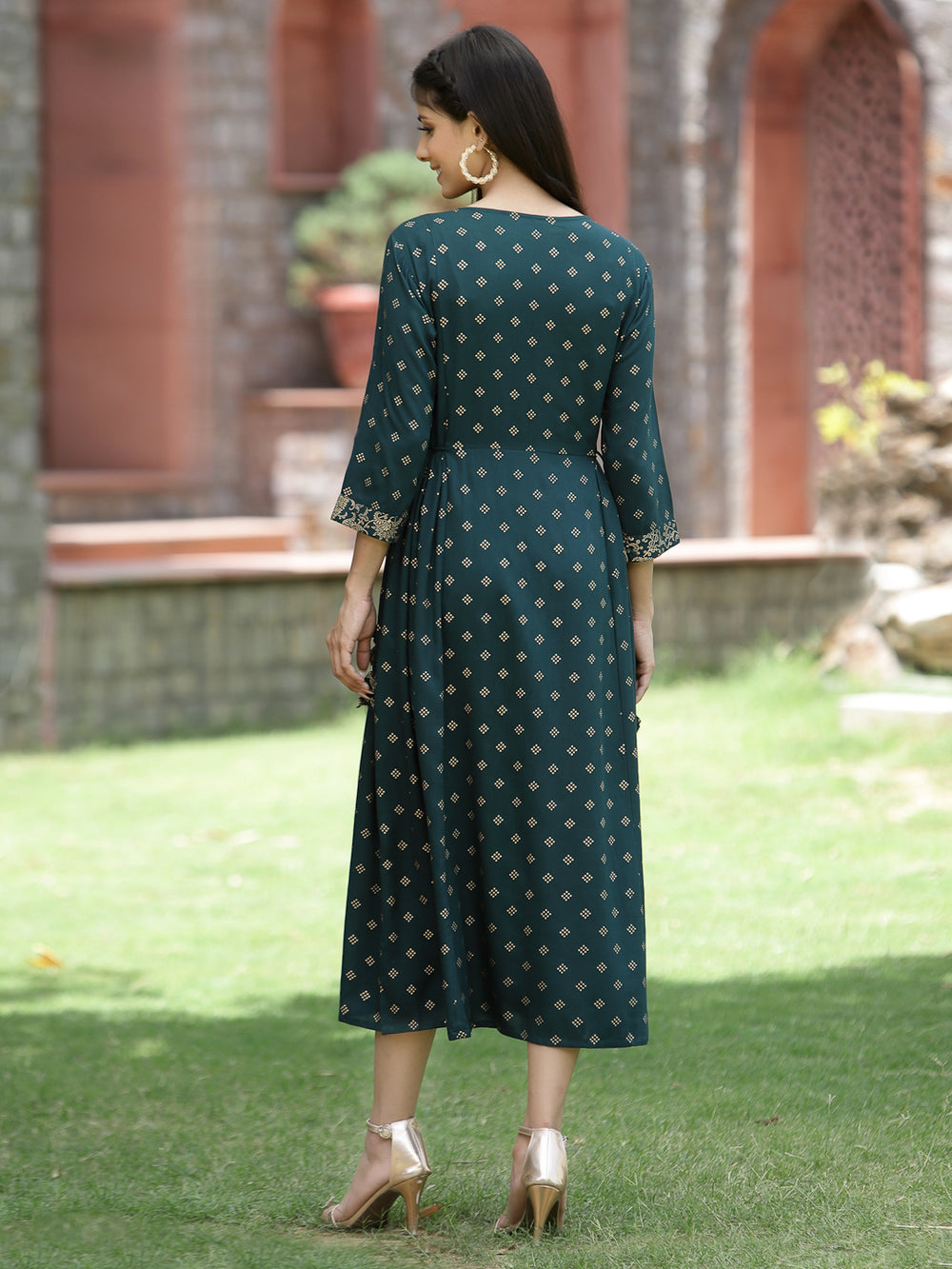 Juniper Women's Bottle Green Rayon Printed Embroidered Flared Dress - Distacart