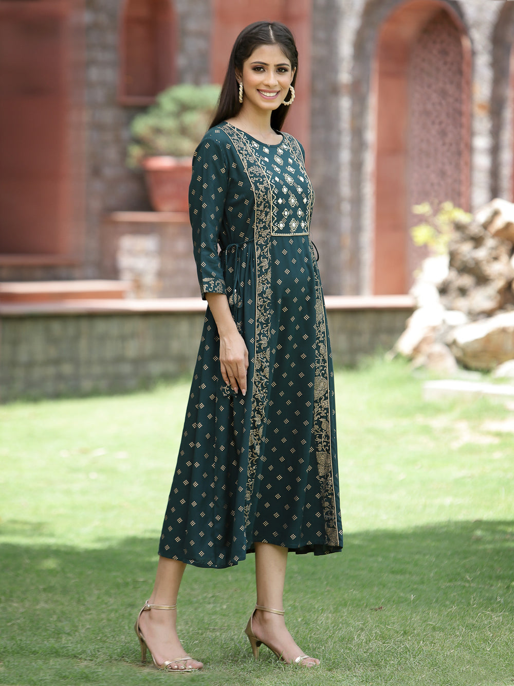 Juniper Women's Bottle Green Rayon Printed Embroidered Flared Dress - Distacart