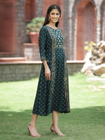 Thumbnail for Juniper Women's Bottle Green Rayon Printed Embroidered Flared Dress - Distacart