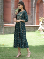 Thumbnail for Juniper Bottle Green Rayon Festive Printed Embroidered Flared Dress For Women - Distacart