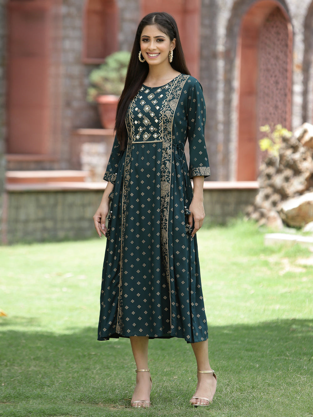 Juniper Bottle Green Rayon Festive Printed Embroidered Flared Dress For Women - Distacart