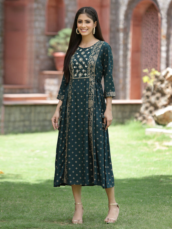 Juniper Women's Bottle Green Rayon Printed Embroidered Flared Dress - Distacart