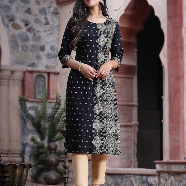 Juniper Women's Black Rayon Printed Straight Kurta - Distacart