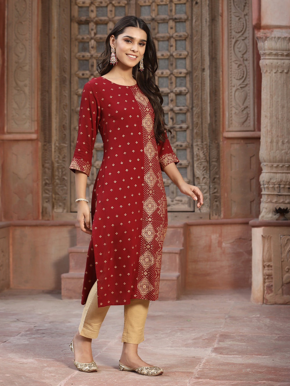 Juniper Women's Maroon Rayon Printed Straight Kurta - Distacart
