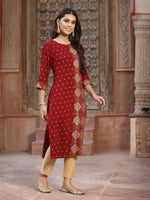 Thumbnail for Juniper Women's Maroon Rayon Printed Straight Kurta - Distacart