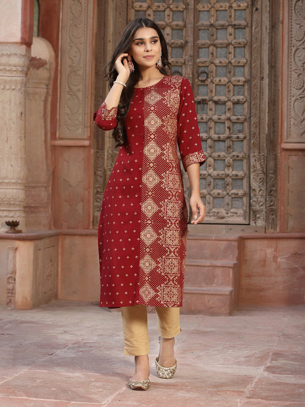 Juniper Women's Maroon Rayon Printed Straight Kurta - Distacart