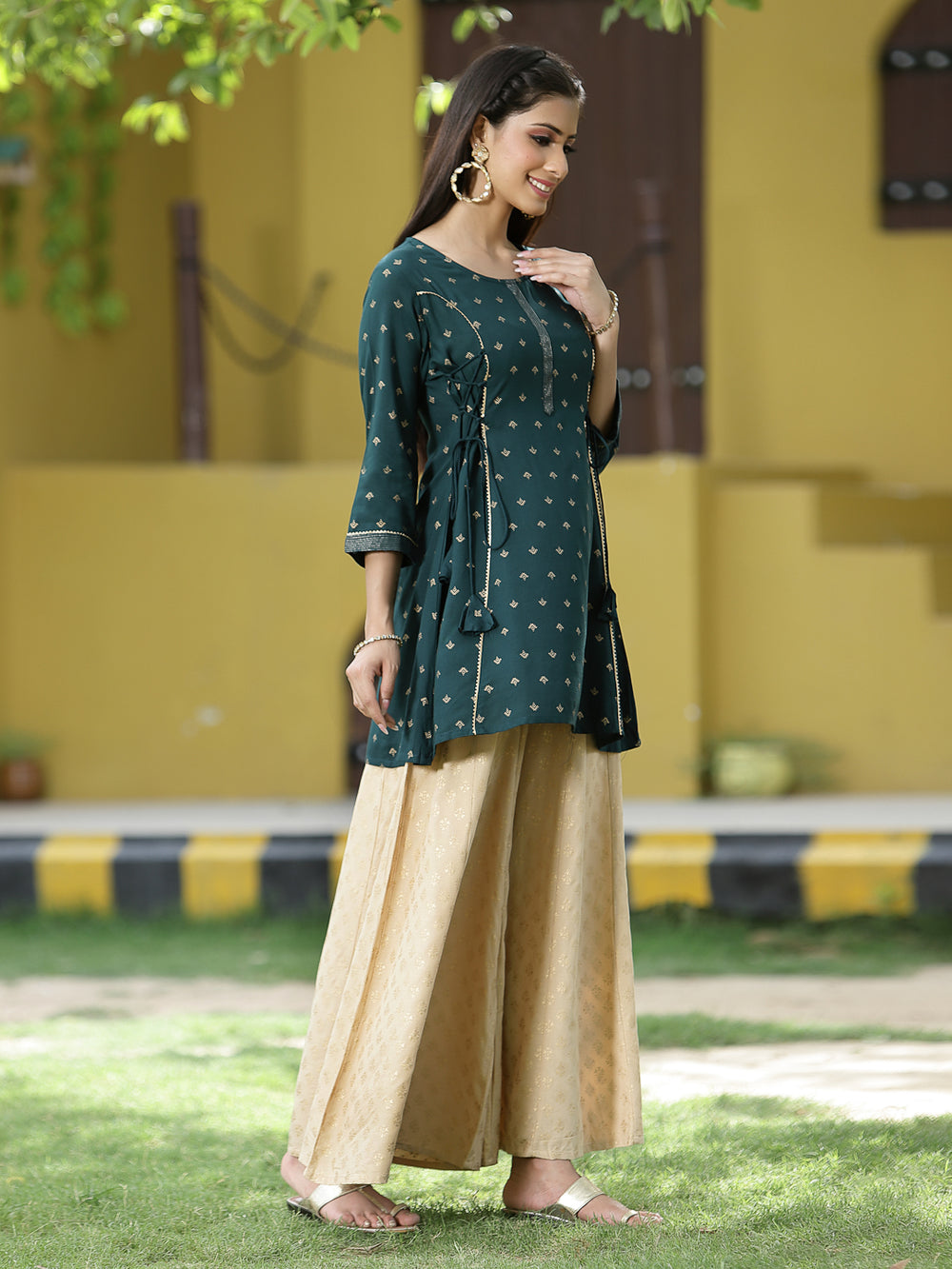 Juniper Green Rayon Festive Printed A-Line Tunic For Women - Distacart