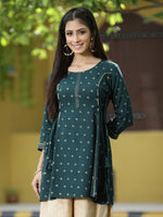 Thumbnail for Juniper Green Rayon Festive Printed A-Line Tunic For Women - Distacart
