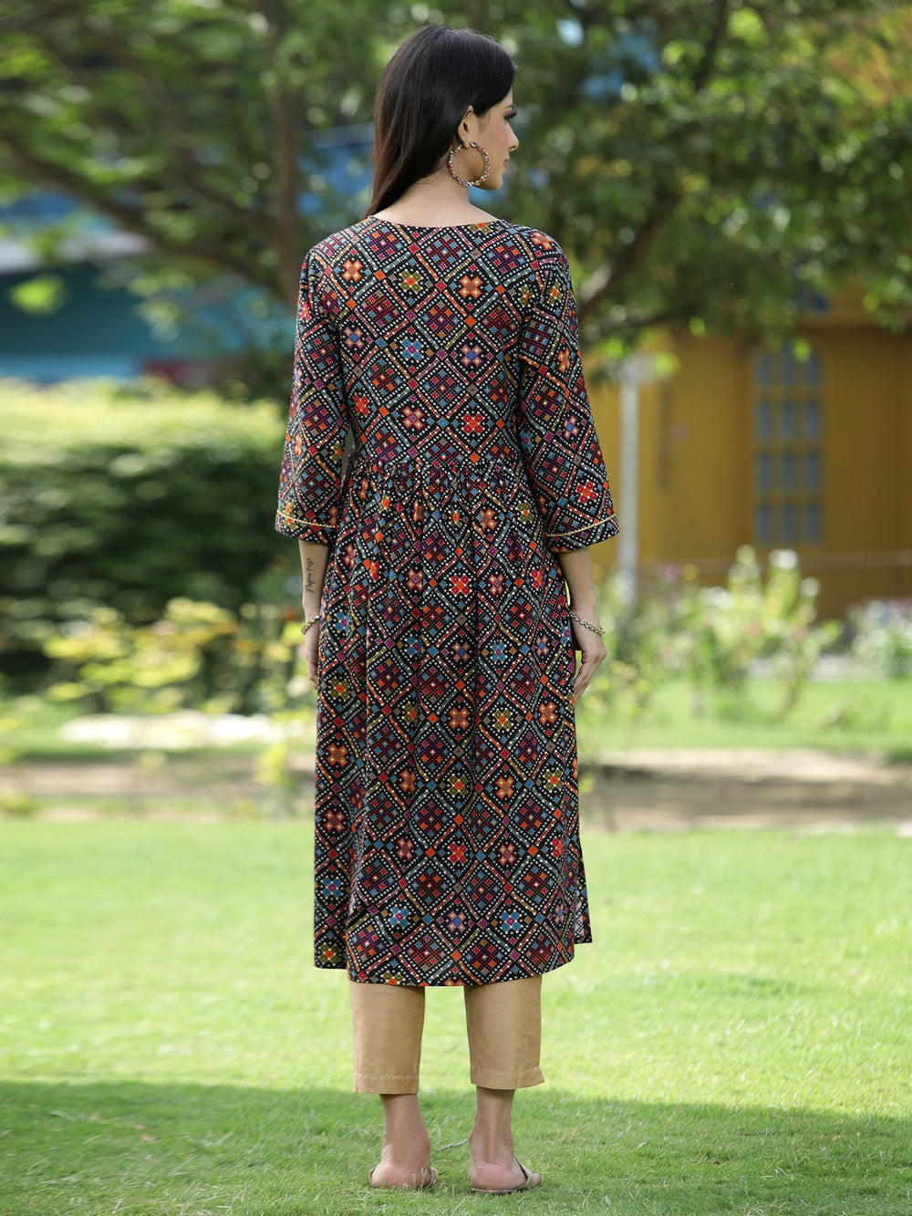 Juniper Black Rayon Festive Printed Flared Kurta For Women - Distacart