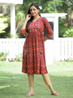 Thumbnail for Juniper Red Rayon Festive Printed Flared Kurta For Women - Distacart