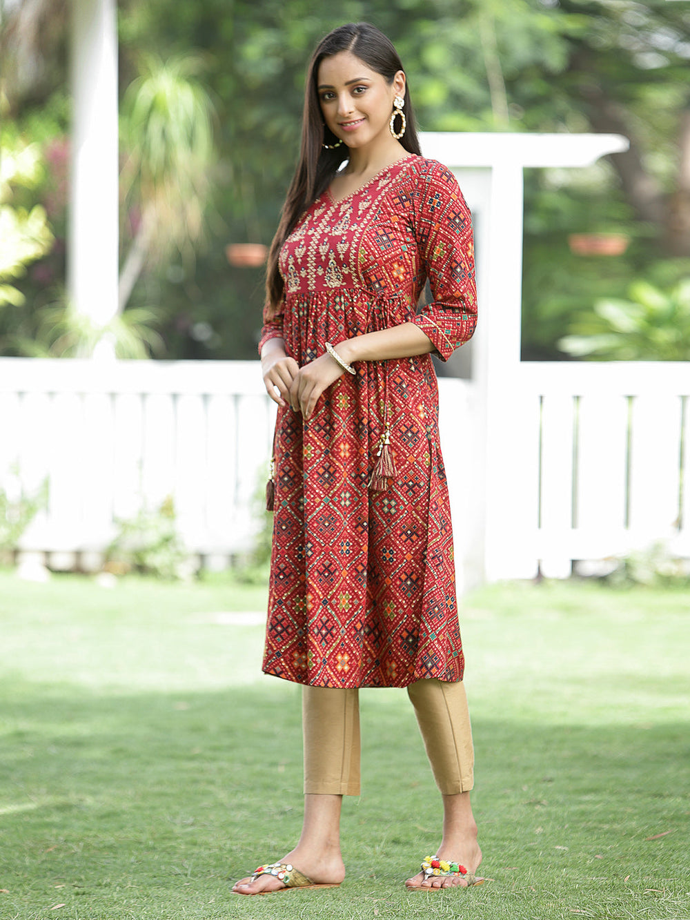 Juniper Red Rayon Festive Printed Flared Kurta For Women - Distacart