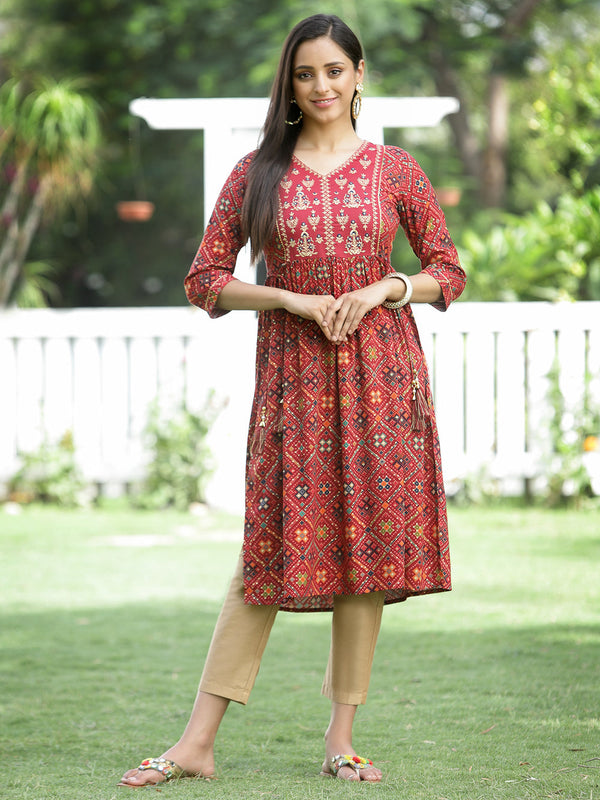 Juniper Red Rayon Festive Printed Flared Kurta For Women - Distacart
