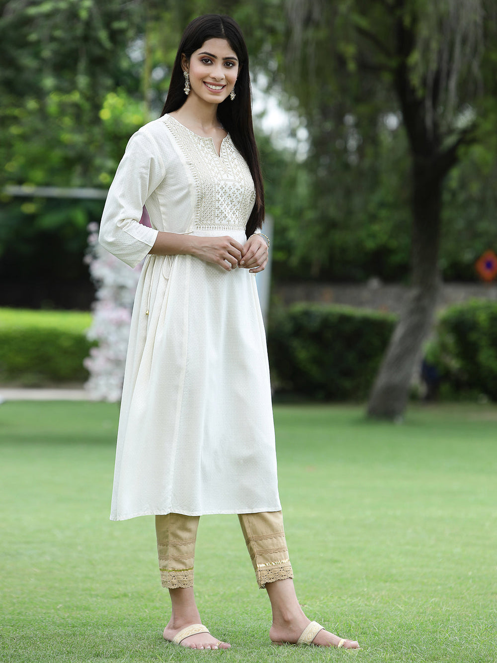 Juniper Women Ivory Rayon Festive Embroidered Flared Kurta - Distacart