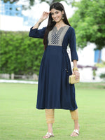 Thumbnail for Juniper Women Navy Rayon Festive Embroidered Flared Kurta - Distacart
