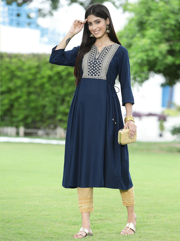 Juniper Women Navy Rayon Festive Embroidered Flared Kurta - Distacart
