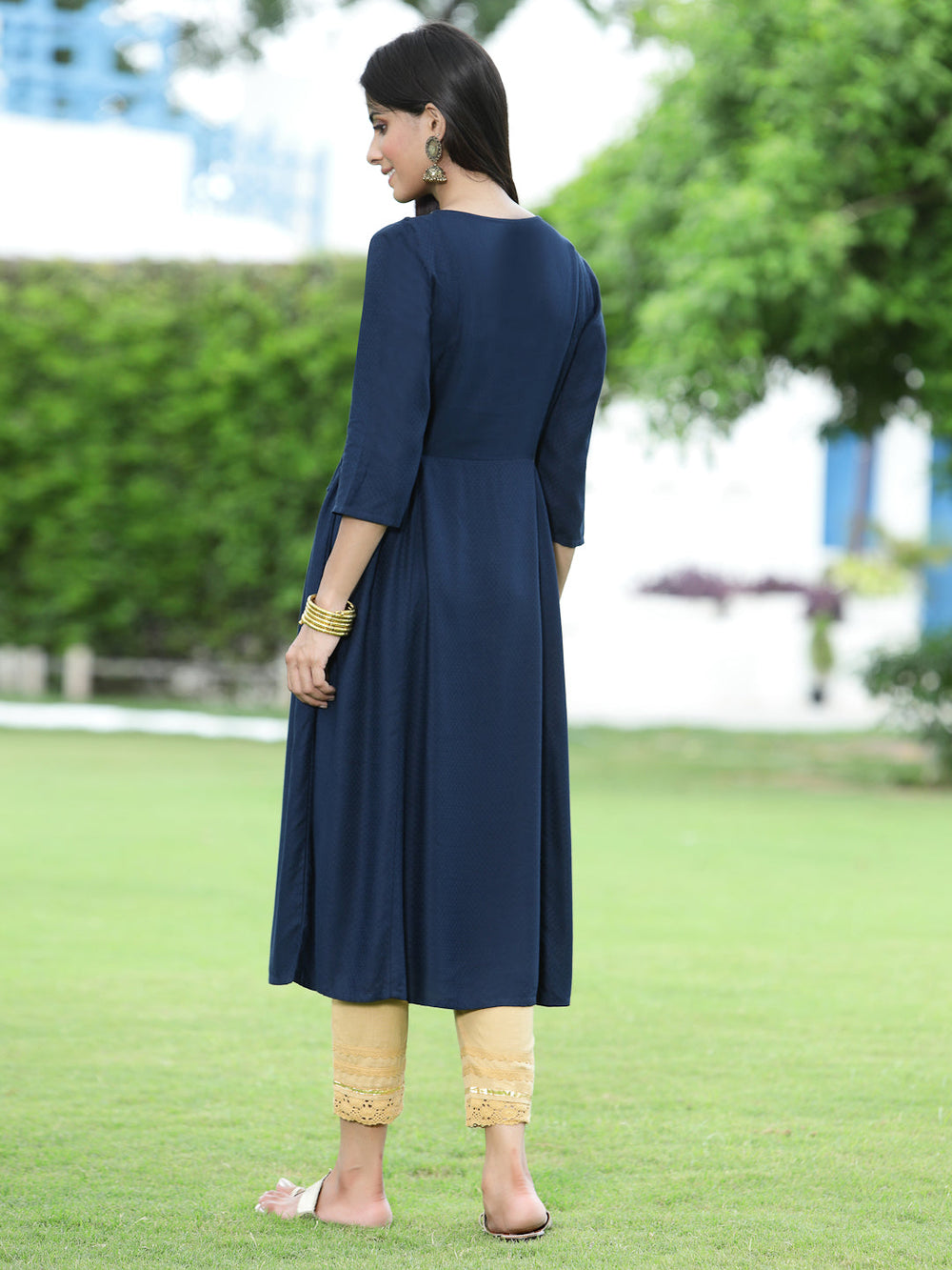Juniper Women Navy Rayon Festive Embroidered Flared Kurta - Distacart