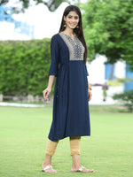 Thumbnail for Juniper Women Navy Rayon Festive Embroidered Flared Kurta - Distacart