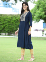 Thumbnail for Juniper Women Navy Rayon Festive Embroidered Flared Kurta - Distacart