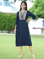Thumbnail for Juniper Women Navy Rayon Festive Embroidered Flared Kurta - Distacart