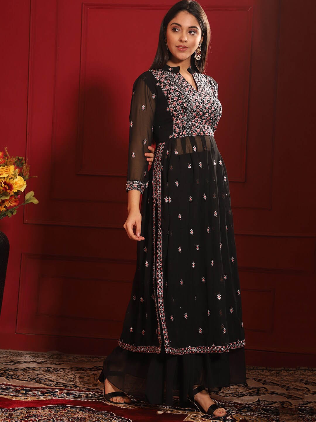 Kalini Embroidered Pleated Thread Work Kurta with Sharara - Distacart