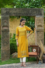 Thumbnail for Juniper Mustard Rayon Festive Printed Straight Kurta For Women - Distacart