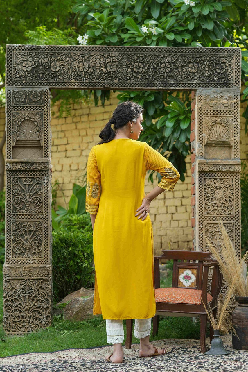 Juniper Mustard Rayon Festive Printed Straight Kurta For Women - Distacart