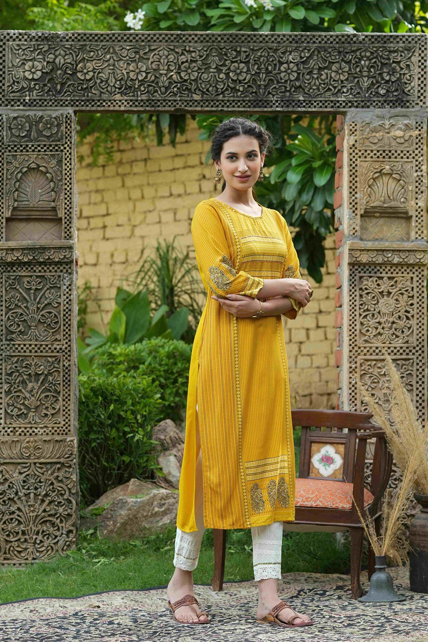 Juniper Mustard Rayon Festive Printed Straight Kurta For Women - Distacart